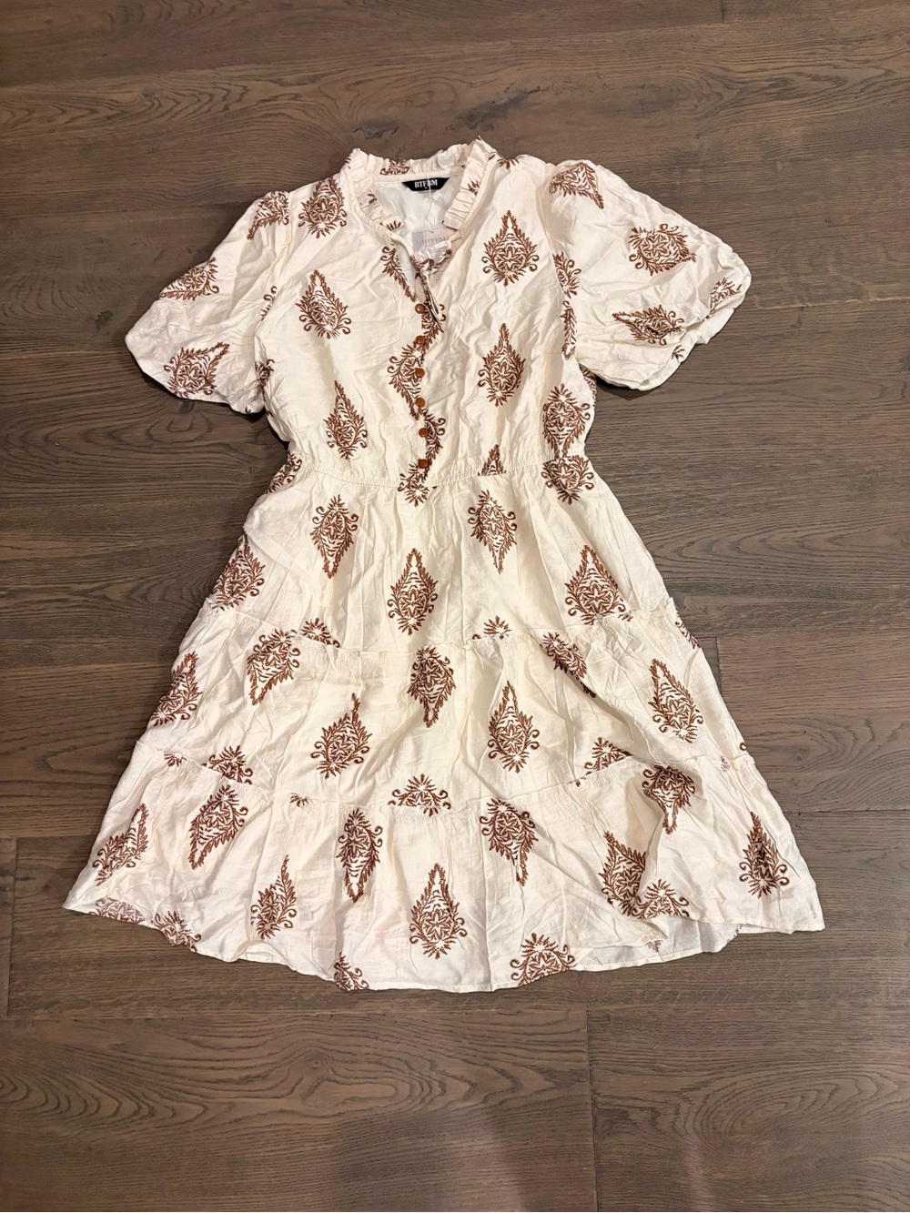 Cream Midi Dress with Brown Printed Motif